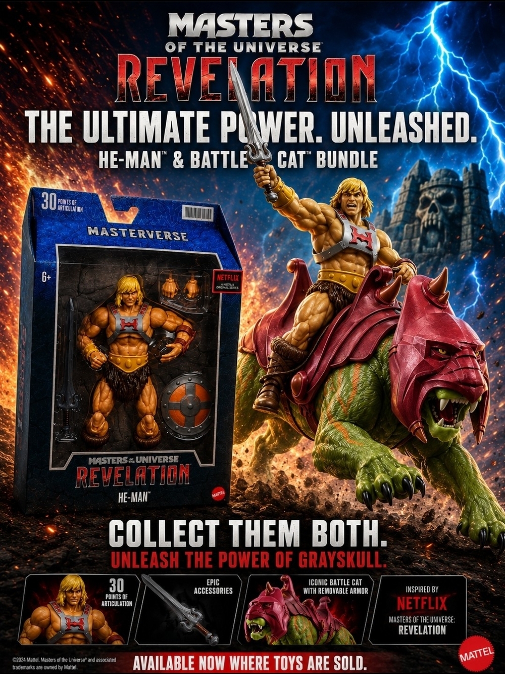 Masters of the Universe Revelation He-Man Action Figure Bundle With Battle Cat